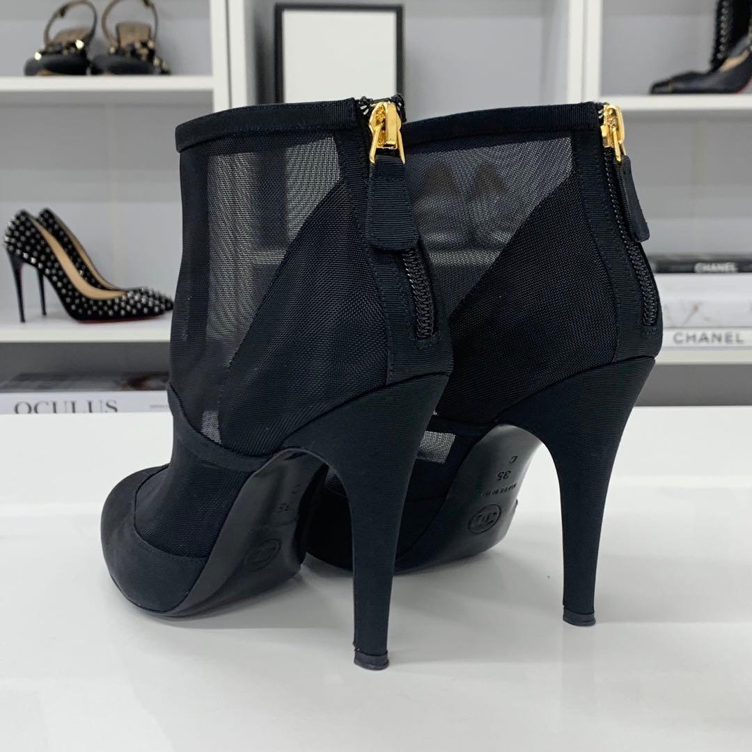 Chanel Mesh Fabric Here Mark Short Boots Black