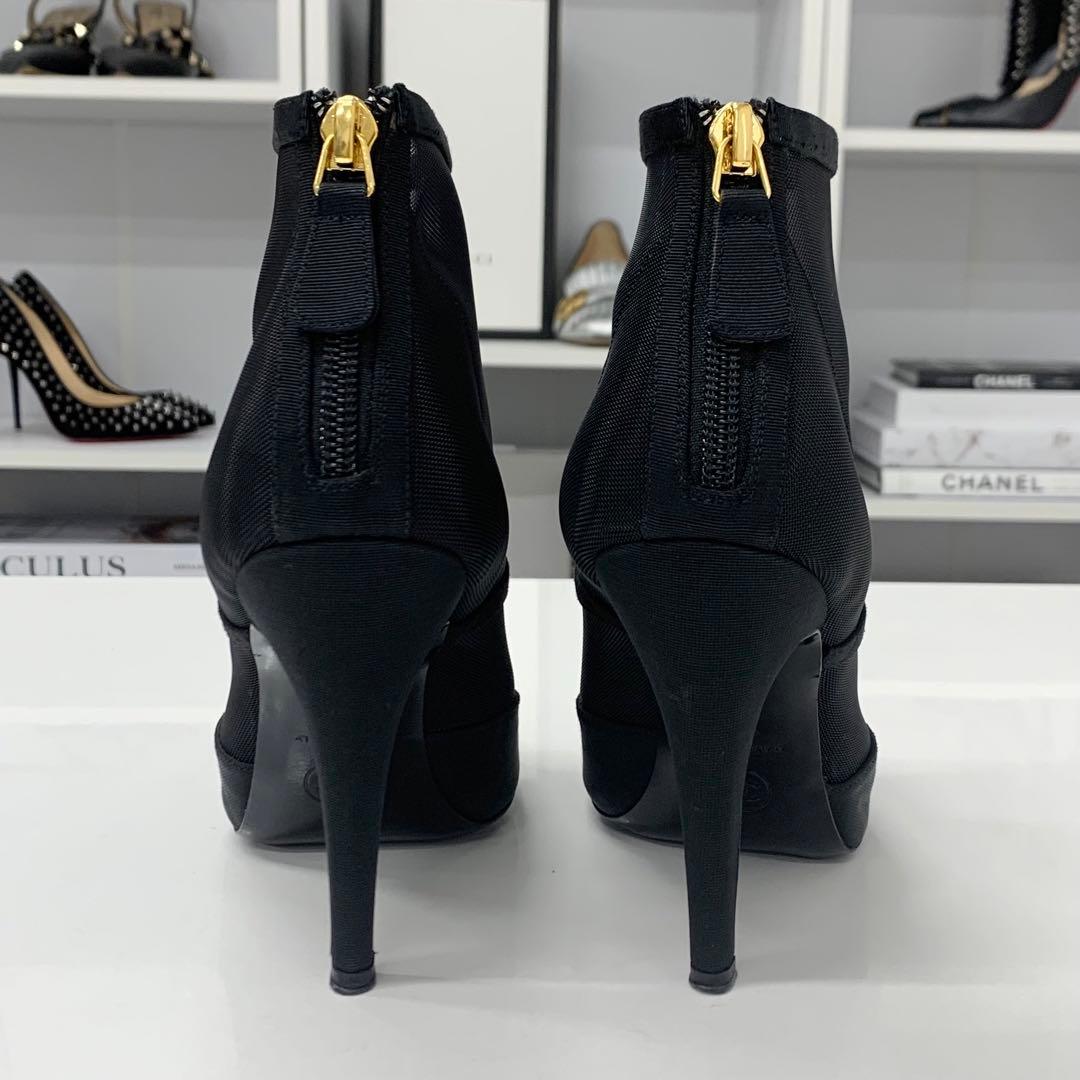 Chanel Mesh Fabric Here Mark Short Boots Black