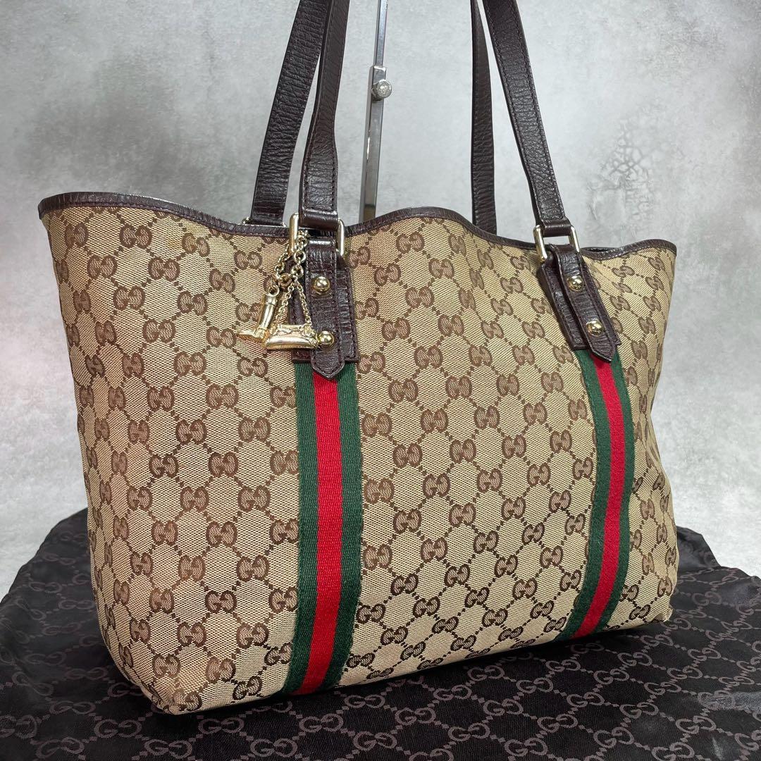 Gucci GG Sherry Line Tote Bag Brown Leather Logo
