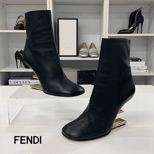 Fendi First FF Logo Leather Metal Heels Short Boots Black