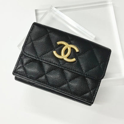 Chanel Caviar Leather CC Logo Small Wallet Foldable