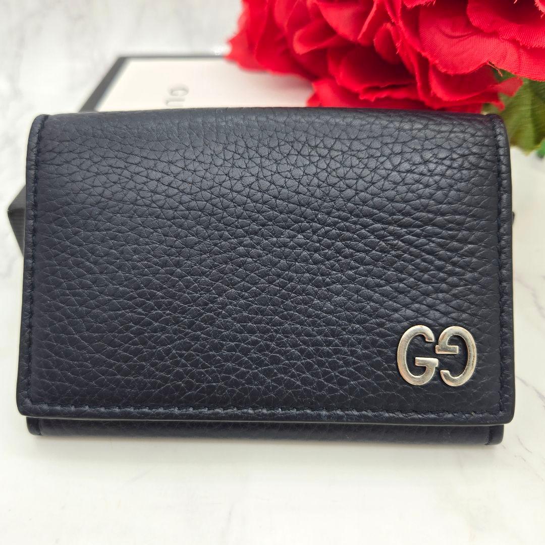 Gucci Business Card Case Coin Purse Leather Navy