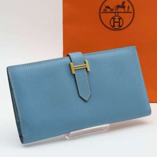 Hermes Bearn Classic Blue Jean Epsom Gold Wallet