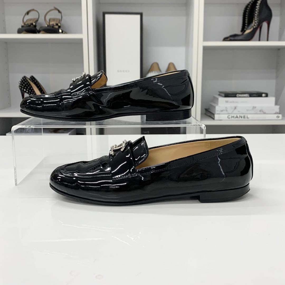 Chanel CC Logo Patent Rhinestone Pearl Loafers Black — view 3