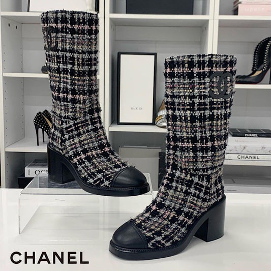 Chanel CC Logo Tweed Long Boots Black Multicolor