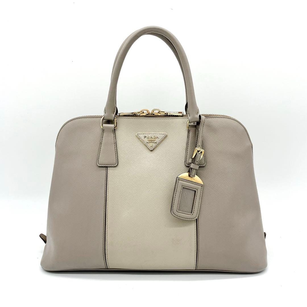 Prada Handbag Triangle Logo Plate Saffiano Leather Grayish