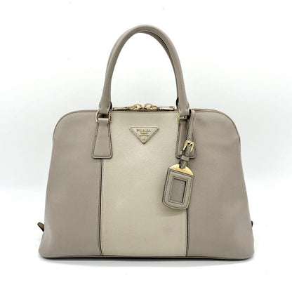 Prada Handbag Triangle Logo Plate Saffiano Leather Grayish