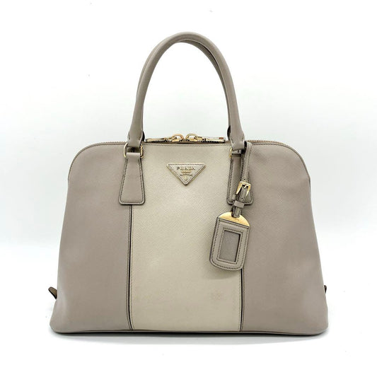 Prada Handbag Triangle Logo Plate Saffiano Leather Grayish