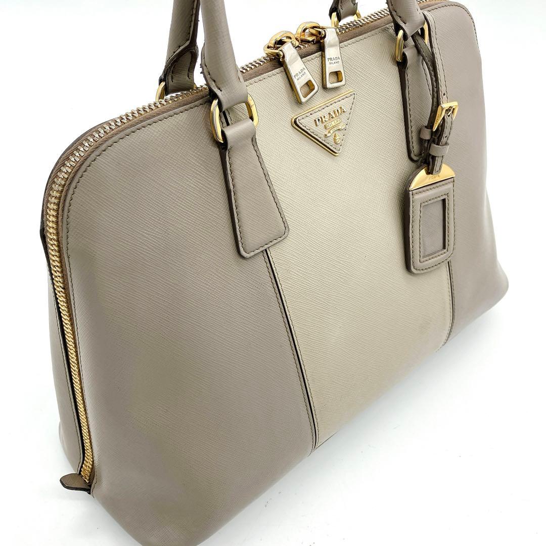 Prada Handbag Triangle Logo Plate Saffiano Leather Grayish