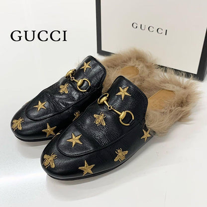 Gucci Princetown Horsebit Star Bee Leather Fur Mules