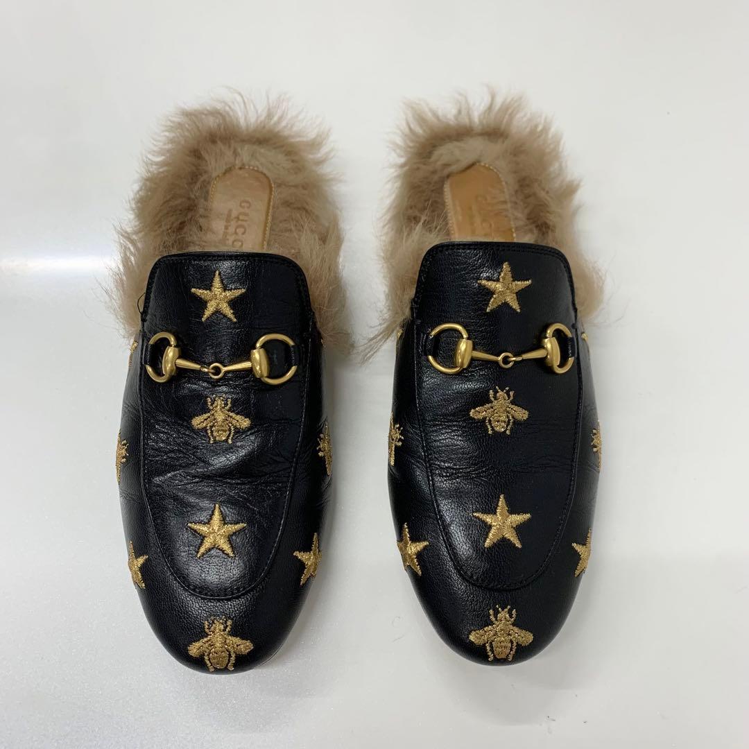 Gucci Princetown Horsebit Star Bee Leather Fur Mules