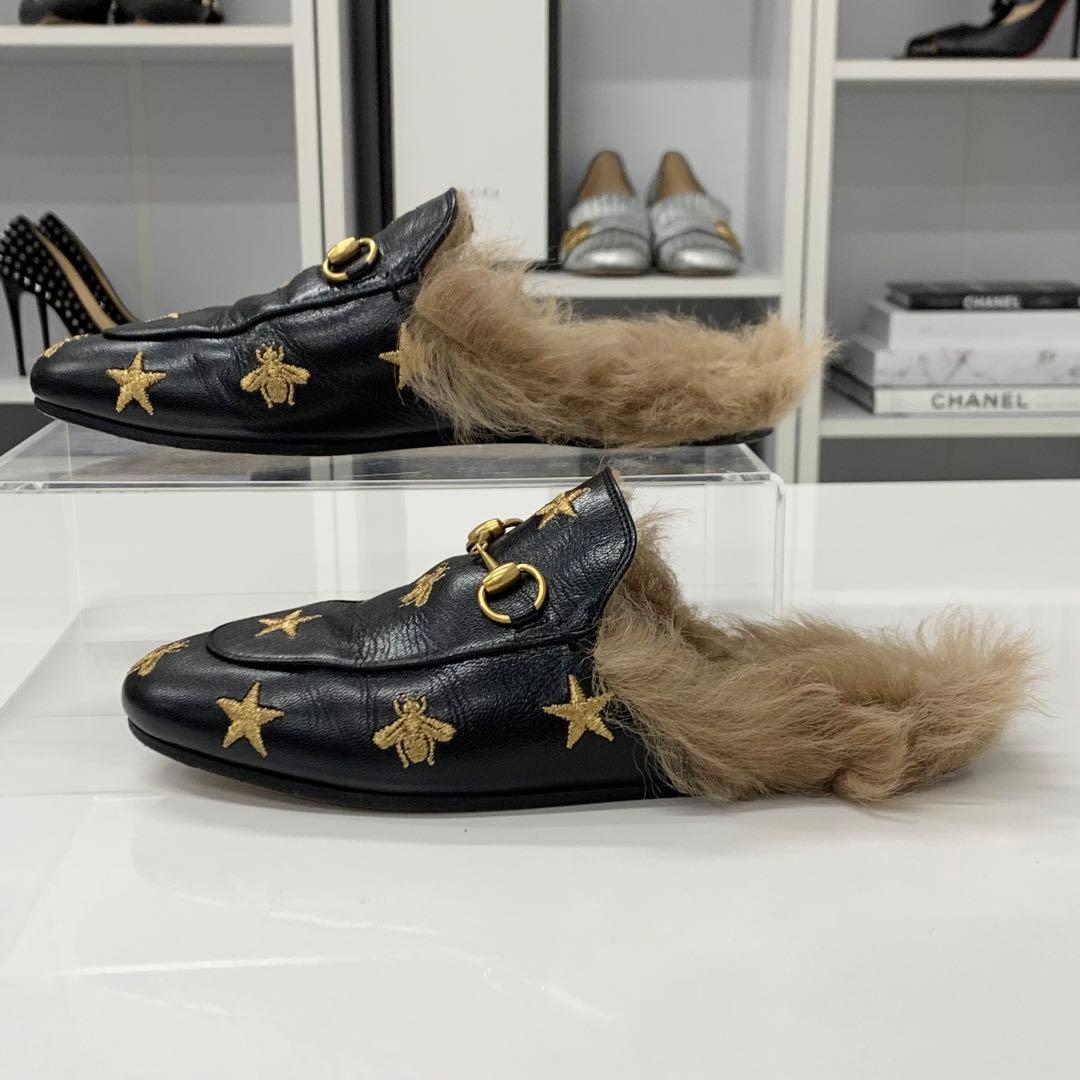 Gucci Princetown Horsebit Star Bee Leather Fur Mules