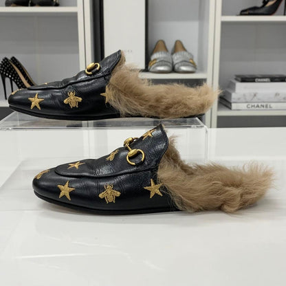 Gucci Princetown Horsebit Star Bee Leather Fur Mules