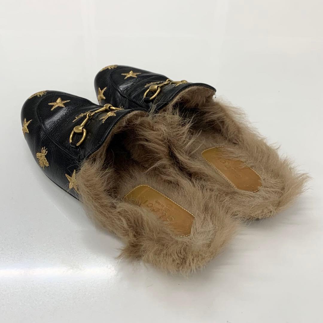 Gucci Princetown Horsebit Star Bee Leather Fur Mules