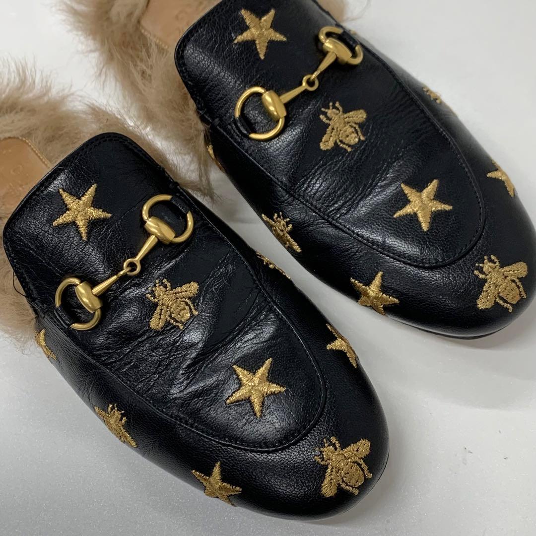 Gucci Princetown Horsebit Star Bee Leather Fur Mules