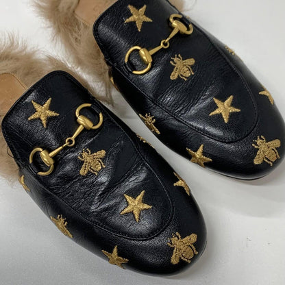 Gucci Princetown Horsebit Star Bee Leather Fur Mules