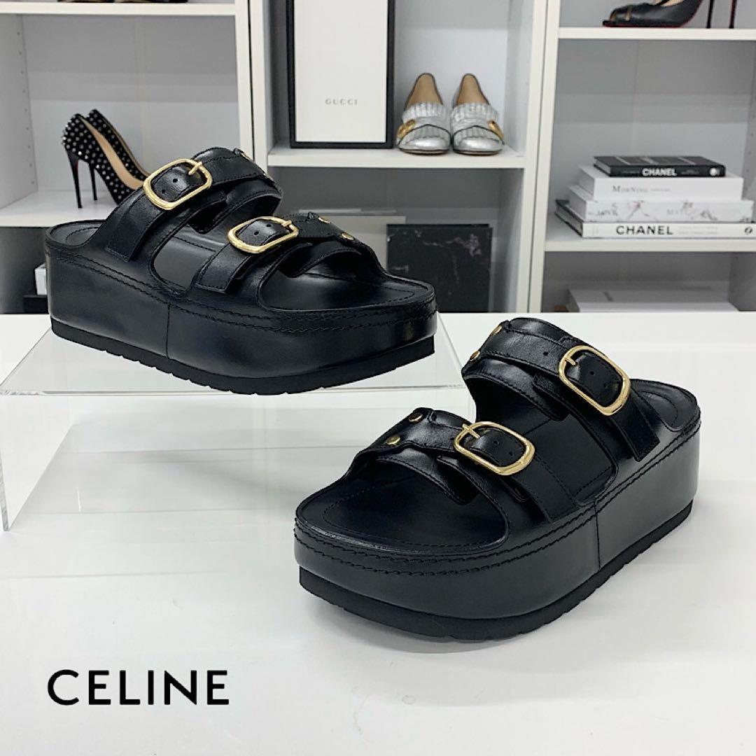 Celine Poly Triomphe Leather Platform Sandals Black