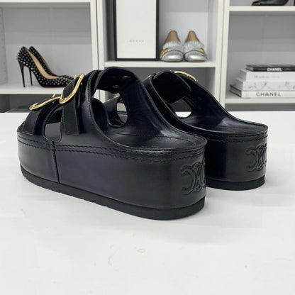 Celine Poly Triomphe Leather Platform Sandals Black — view 5