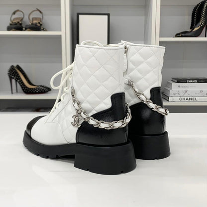 Chanel Quilted CC Logo Leather Chain Lace-up Short Boots — view 5