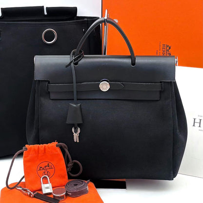 Hermes Herbag a Dos PM Black Toile Ash Leather Silver Handbag