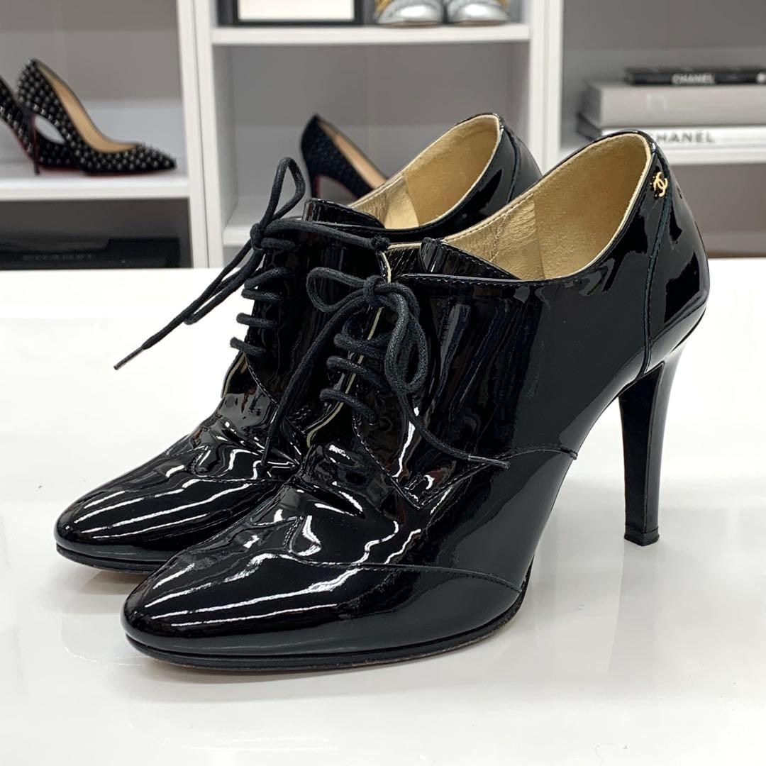 Chanel Patent CC Logo Lace-up Booties Black Boot — view 3