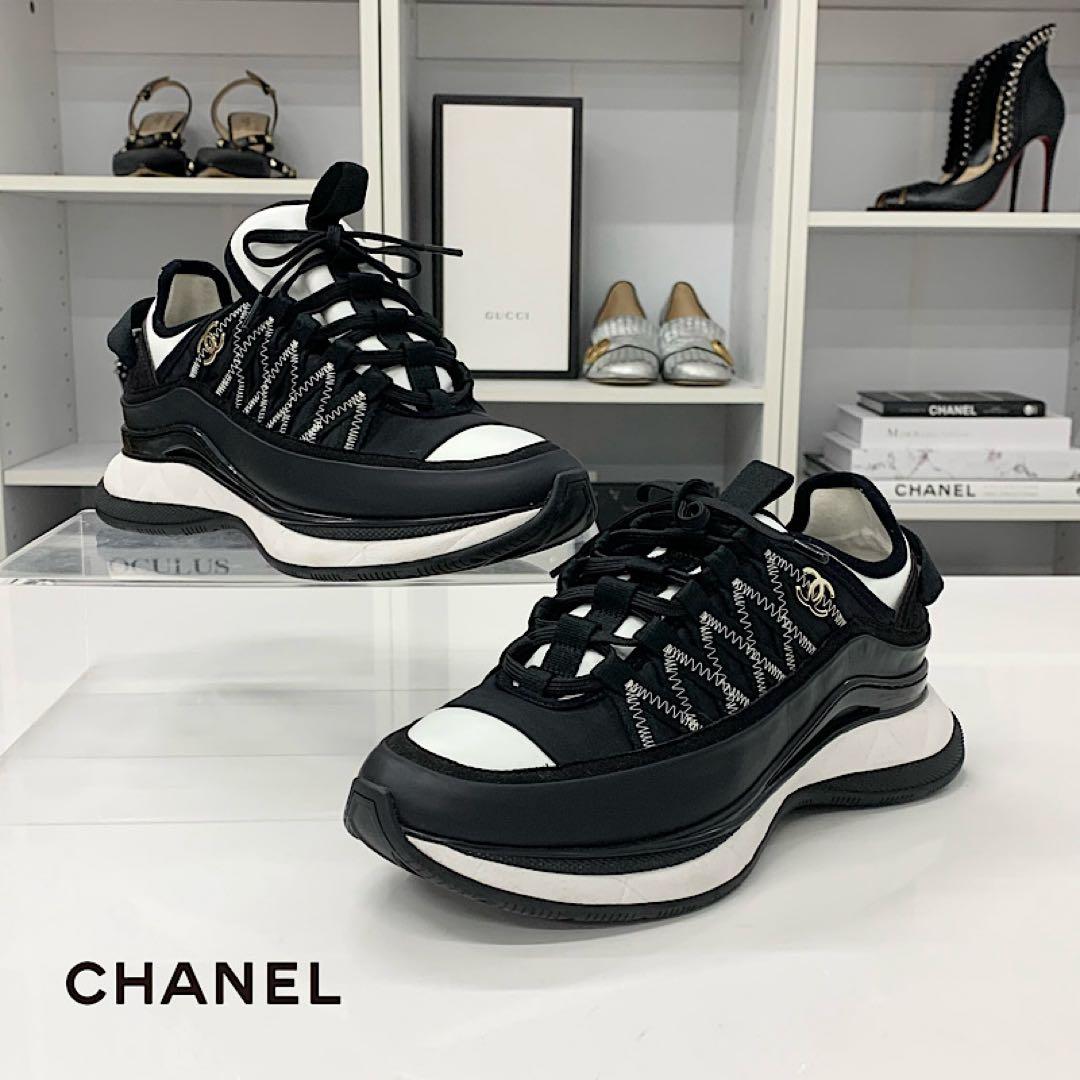 Chanel CC Logo Fabric Leather Sneakers Black White