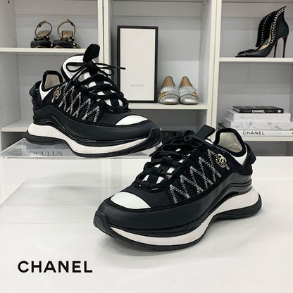 Chanel CC Logo Fabric Leather Sneakers Black White