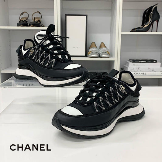 Chanel CC Logo Fabric Leather Sneakers Black White