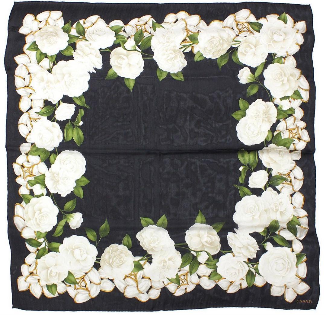 Chanel Camellia Pattern Flower Sheer Silk Scarf