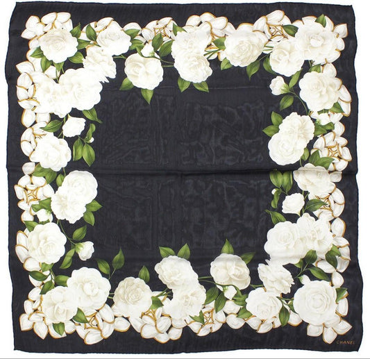 Chanel Camellia Pattern Flower Sheer Silk Scarf