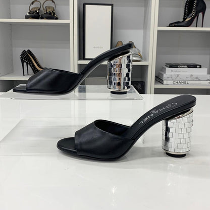 Chanel CC Logo Leather Mirror Heel Sandals Black
