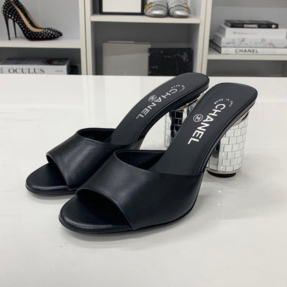 Chanel CC Logo Leather Mirror Heel Sandals Black