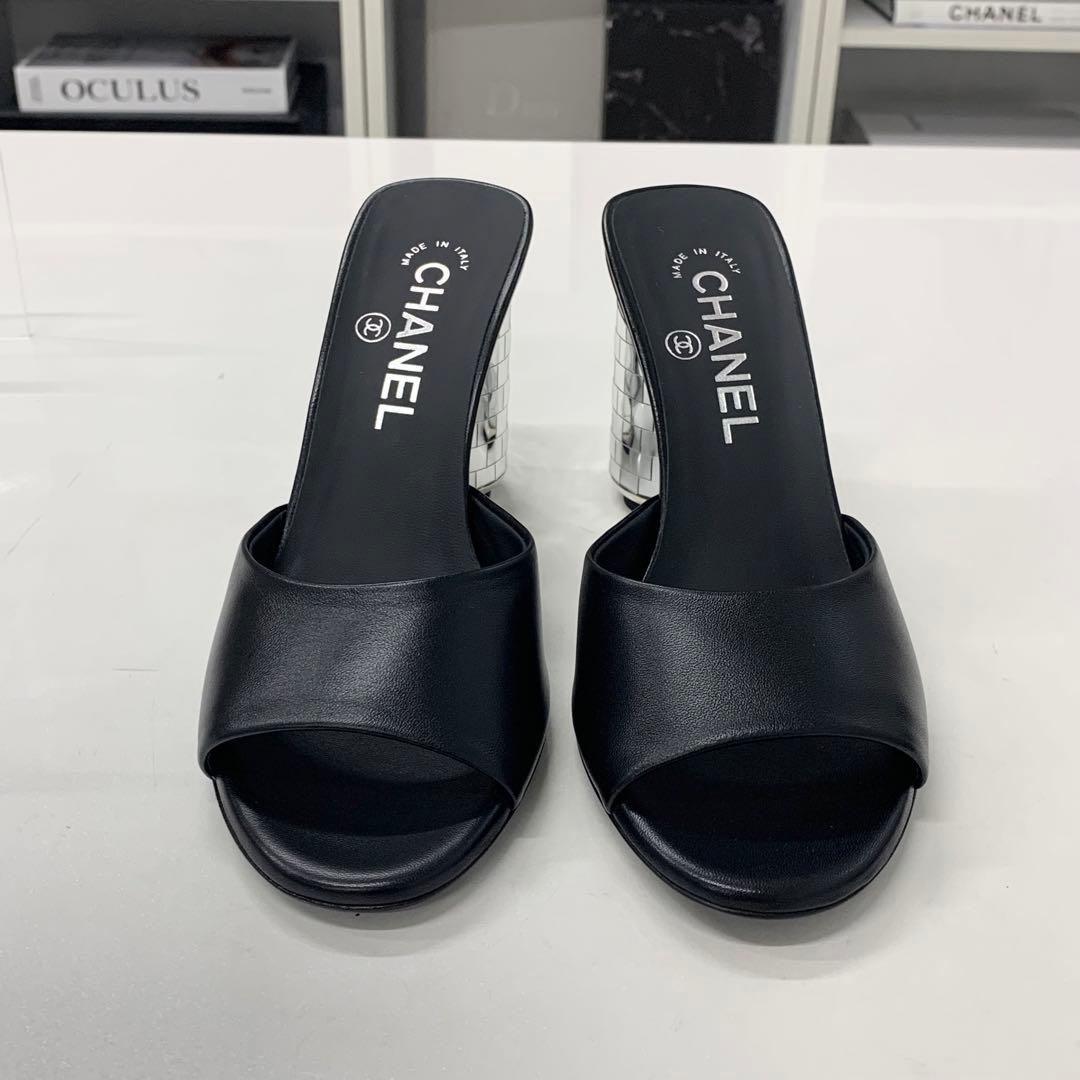 Chanel CC Logo Leather Mirror Heel Sandals Black
