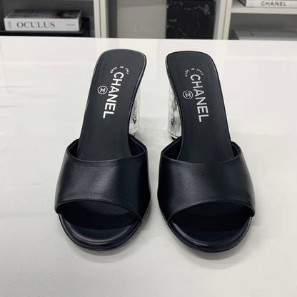 Chanel CC Logo Leather Mirror Heel Sandals Black