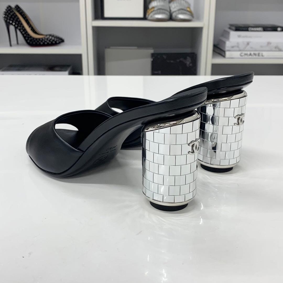 Chanel CC Logo Leather Mirror Heel Sandals Black