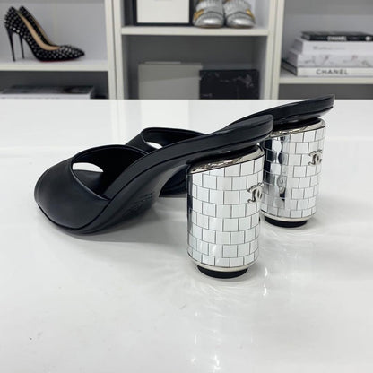 Chanel CC Logo Leather Mirror Heel Sandals Black
