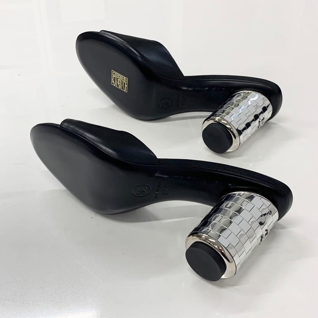Chanel CC Logo Leather Mirror Heel Sandals Black