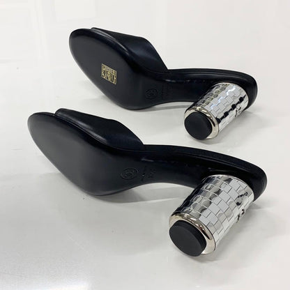 Chanel CC Logo Leather Mirror Heel Sandals Black