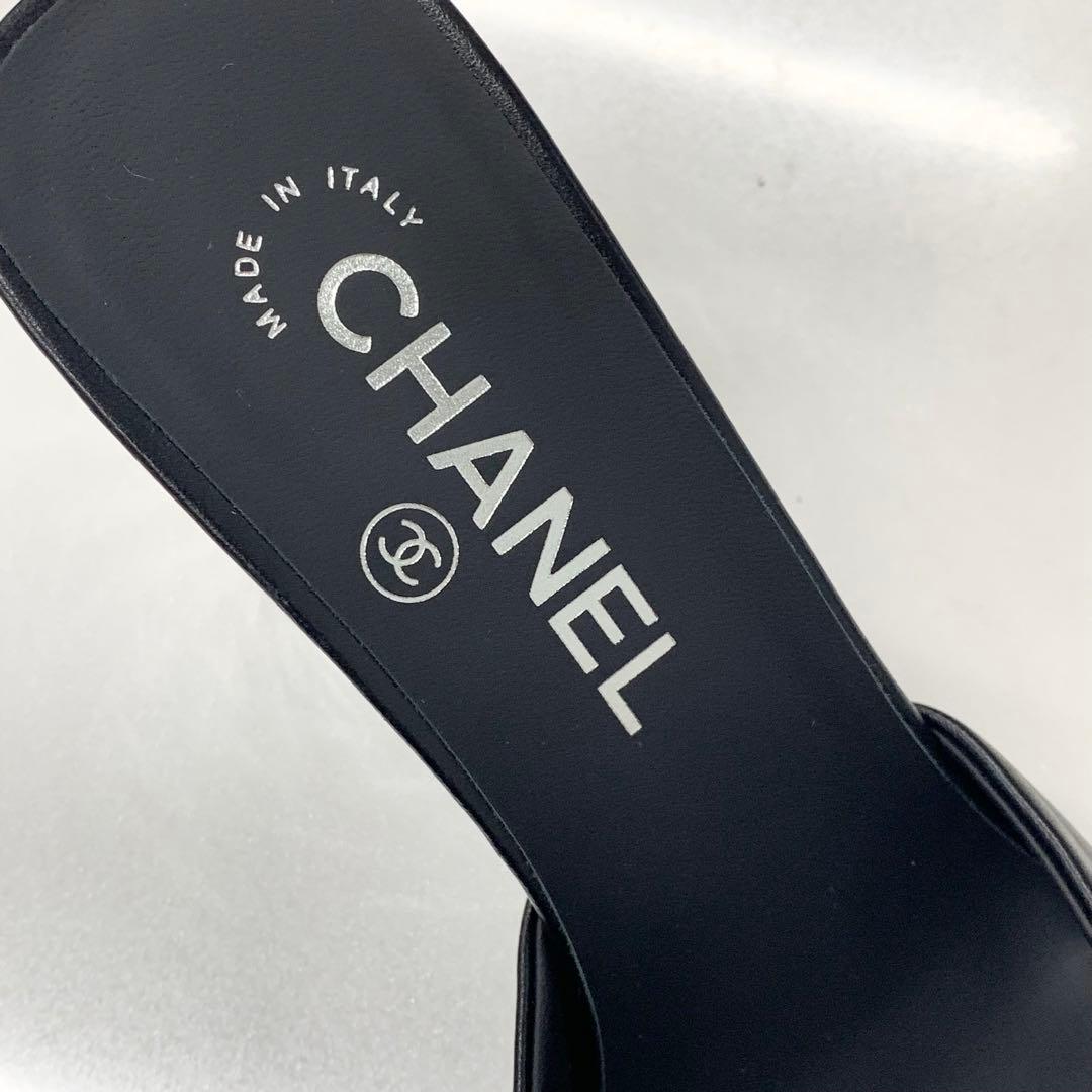 Chanel CC Logo Leather Mirror Heel Sandals Black
