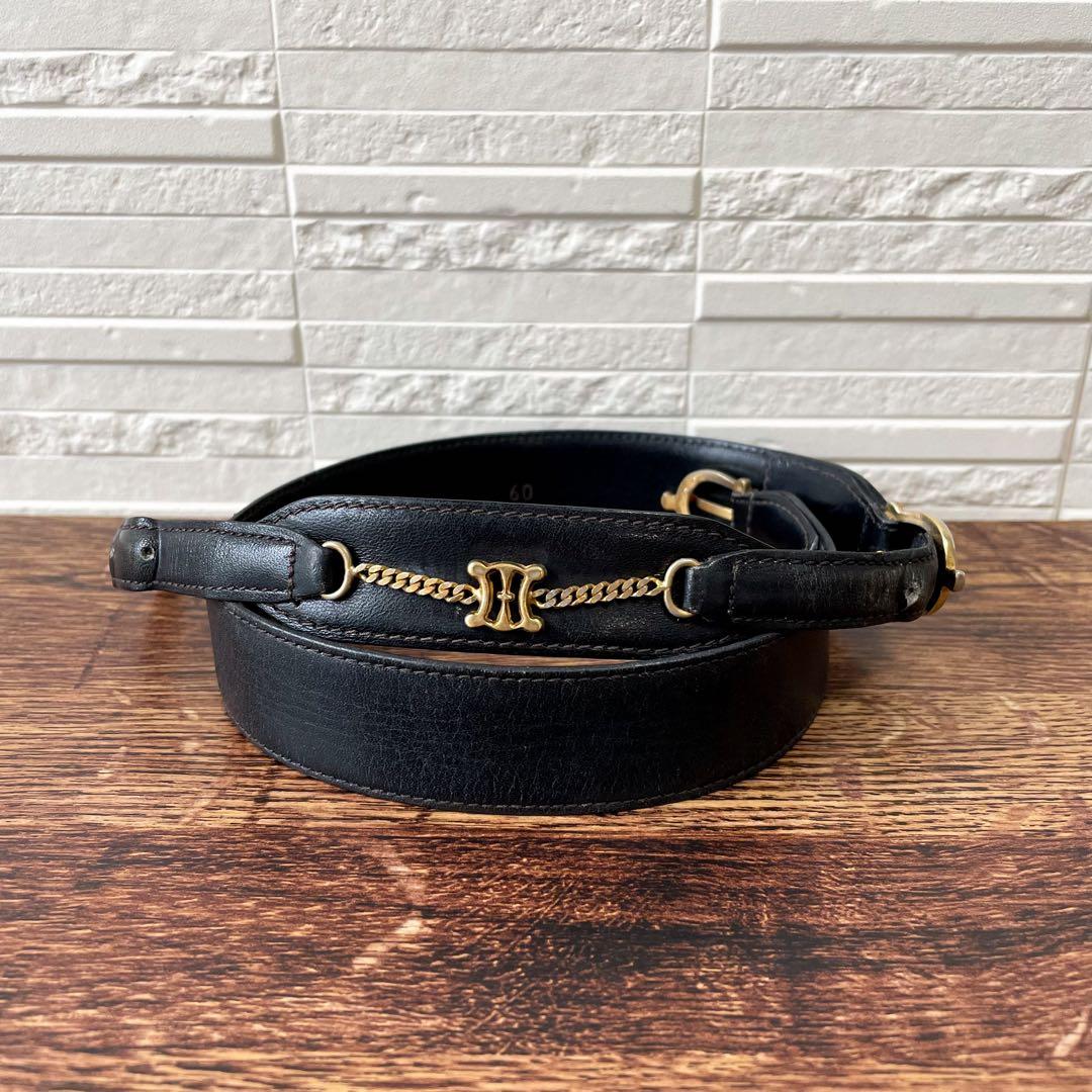 Celine Leather Triomphe Logo Gold Belt Black