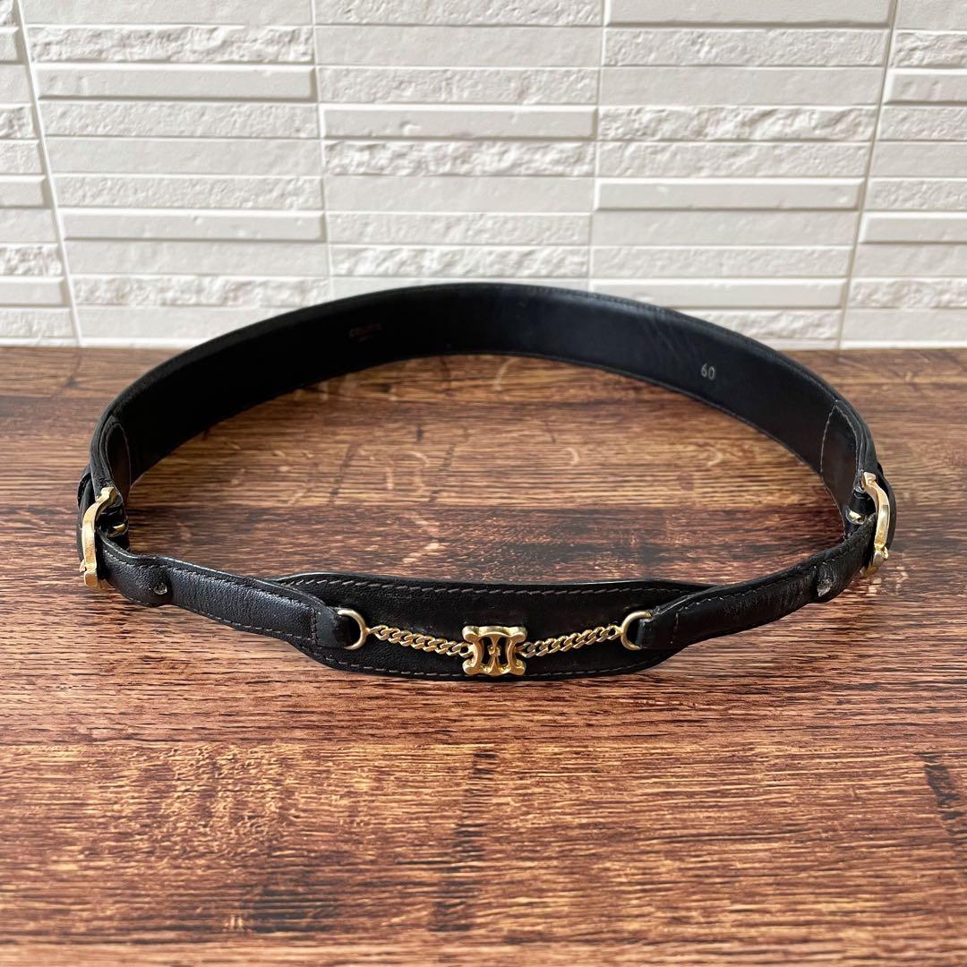 Celine Leather Triomphe Logo Gold Belt Black — view 3
