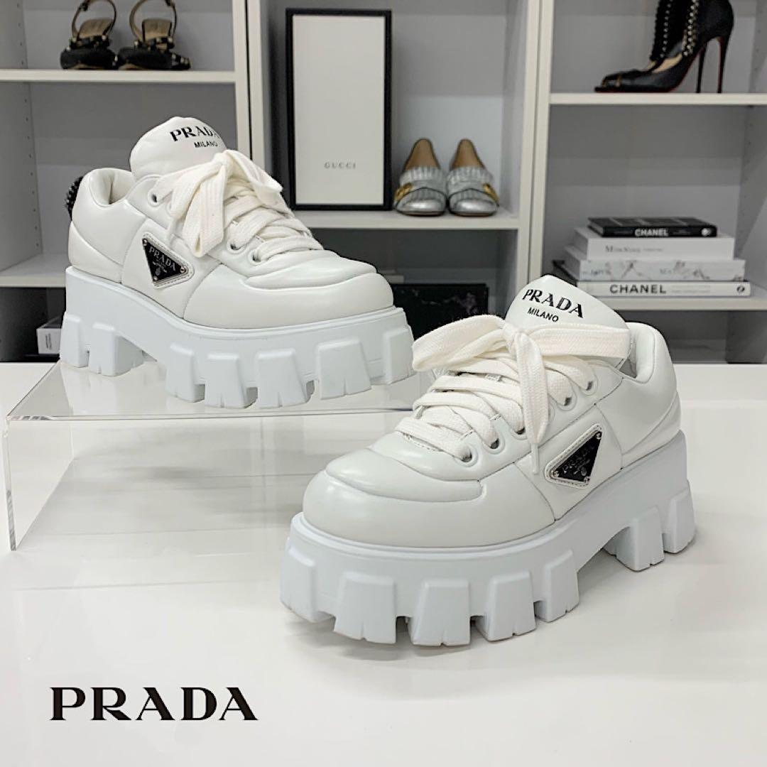 Prada Triangle Logo Leather Lace Up Sneakers White