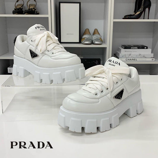 Prada Triangle Logo Leather Lace Up Sneakers White