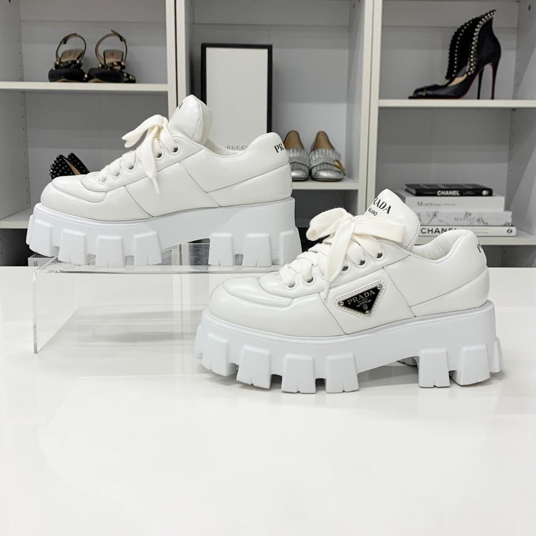 Prada Triangle Logo Leather Lace Up Sneakers White — view 2