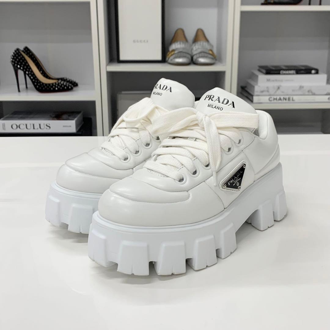 Prada Triangle Logo Leather Lace Up Sneakers White — view 3