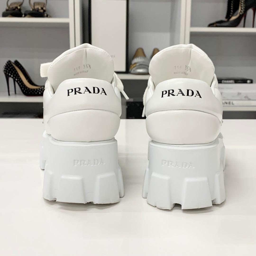 Prada Triangle Logo Leather Lace Up Sneakers White — view 6