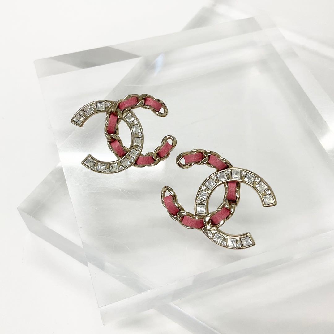 Chanel Earrings CC Logo Rhinestone Gold Pink