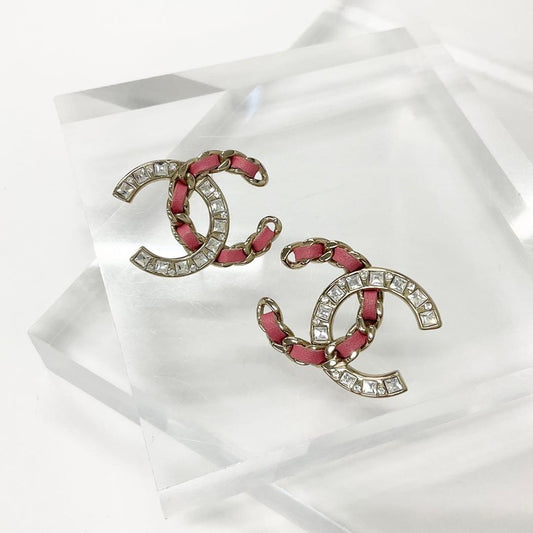 Chanel Earrings CC Logo Rhinestone Gold Pink