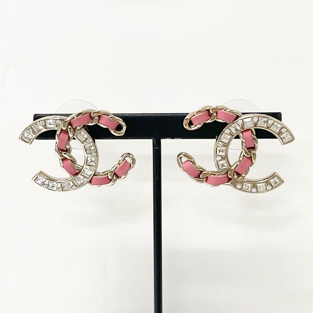 Chanel Earrings CC Logo Rhinestone Gold Pink — view 6