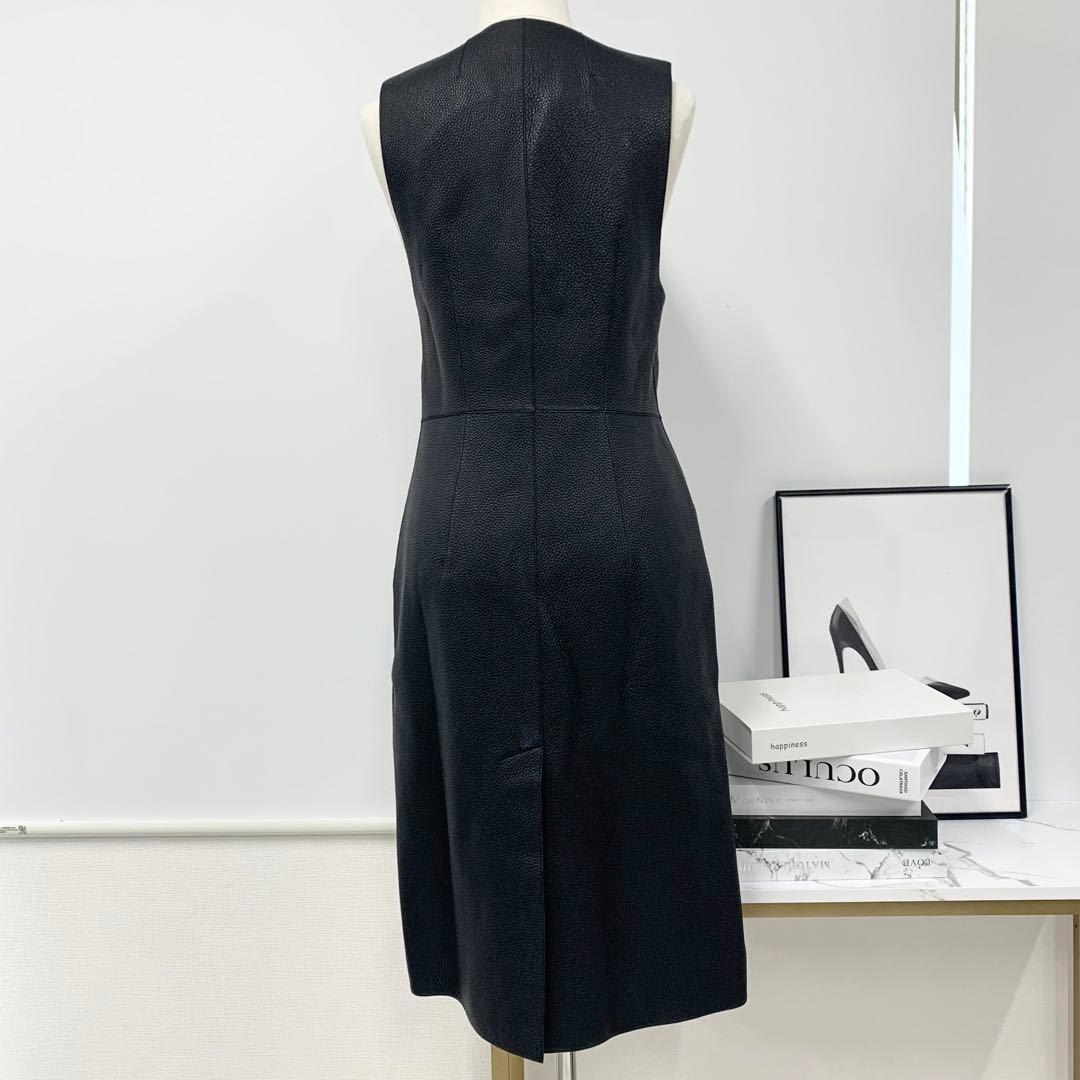 Hermes Long Vest Gilet Serie Button Leather Sleeveless Black